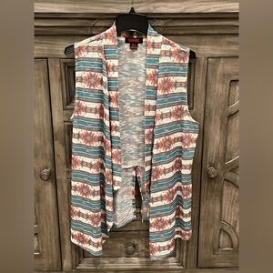 EUC Women’s ROCK & ROLL COWGIRL Coral/Teal Aztec Print Open Front Vest (XL)